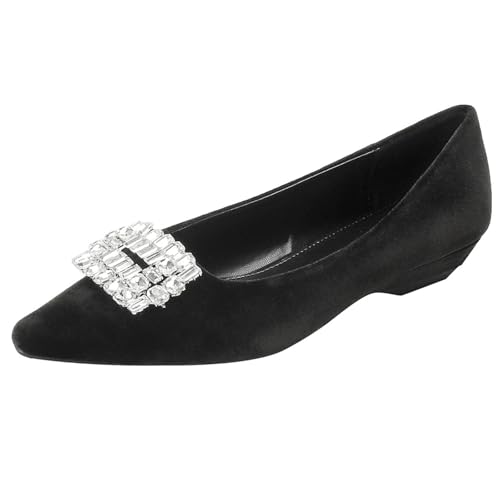 Qynthra Ballerinas aus Samt Damen mit Kristall Spange Spitze Zehe Bequem Schlupf Elegante Pumps für Büro Arbeit und Formelle Anlässe,Schwarz,41 EU von Qynthra
