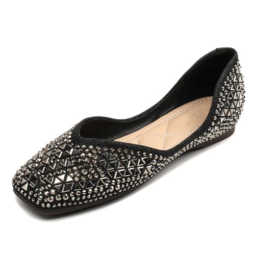 Qynthra Ballettschuhe Damen Kristall Verziert Quadratische Spitze Geometrisches Muster Bequem Glitzer Schlupf Für Arbeit Hochzeit Party,Schwarz,42 EU von Qynthra