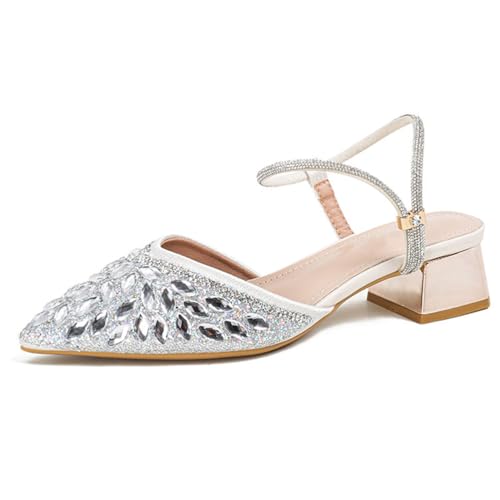 Qynthra Braut Slingback Flats Mit Spitzer Zehe Kristallbesatz Silber Strass Detail Perfekt Für Hochzeiten Partys Und Besondere Anlässe,Ginkgo,34 EU von Qynthra