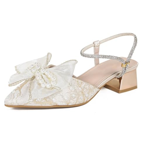 Qynthra Brautschuhe Damen Spitze Zehen Slingback Perlen Schleife Blockabsatz Strass Riemen Für Hochzeit Party Empfang,Almond,38 EU von Qynthra