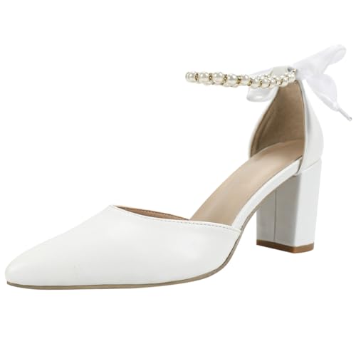 Qynthra Brautschuhe Damen Weiß Niedriger Blockabsatz Pumps Mit Perlen Knöchelriemen Und Spitzem Zeh Bequeme Hochzeitschuhe Ideal Für Braut Trauzeugin Fest Party,Weiß,36 EU von Qynthra