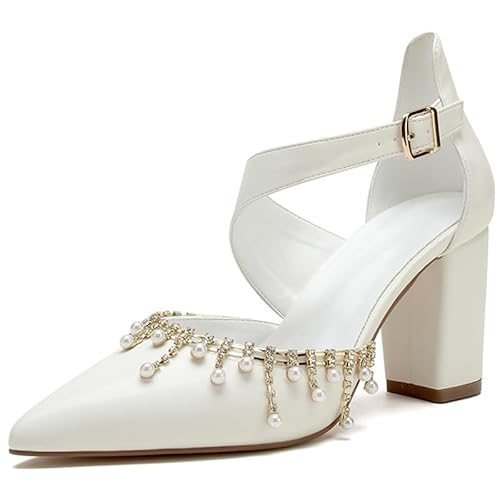 Qynthra Brautschuhe Damen Weiß Perlen Fransen Verziert Leder Kreuzriemen Spitz Zeh Blockabsatz Für Braut Trauzeugin Party Hochzeitszeremonie,Weiß,37 EU von Qynthra