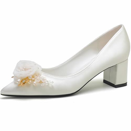 Qynthra Brautschuhe Für Damen Aus Satin Mit Blockabsatz Spitzer Spitze Und Perlen Spitzendekor Für Braut Brautjungfer Zeremonie Empfang,Weiß,43 EU Qynthra Brautschuhe Für Damen Aus Satin Mit Blockabsatz Spitzer Spitze Und Perlen Spitzendekor Für Braut Brautjungfer Zeremonie Empfang,Weiß,43 EU von Qynthra