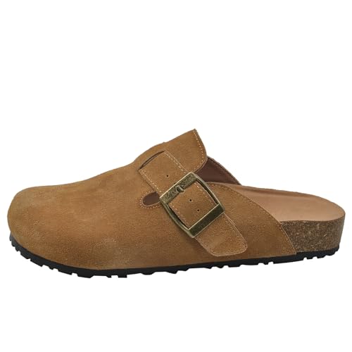 Qynthra Clogs Damen Wildleder Korkbett Schnalle Detail Schlupfsandalen Leder Mules Komfort Potato Shoes mit Fußgewölbestütze für Garten Spaziergänge Entspannung,Camel Color,37 EU von Qynthra