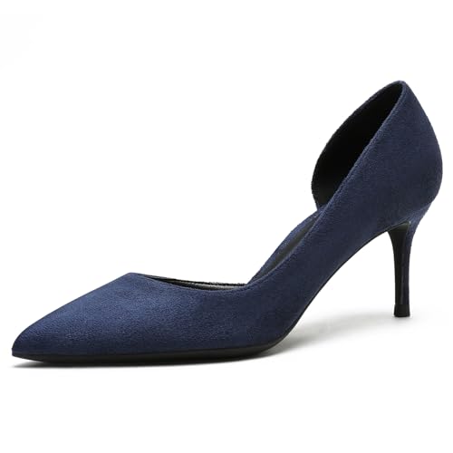 Qynthra D'Orsay Pumps Damen mit Spitzer Zehn aus Wildleder Mittelhoher Stiletto Absatz Schlupf für Hochzeit Party Abendkleid Formelle Anlässe Büro und Besondere Ereignisse,Dark Blue,38 EU von Qynthra