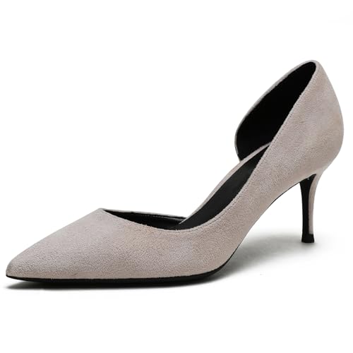 Qynthra D'Orsay Pumps Damen mit Spitzer Zehn aus Wildleder Mittelhoher Stiletto Absatz Schlupf für Hochzeit Party Abendkleid Formelle Anlässe Büro und Besondere Ereignisse,Nude,38 EU von Qynthra