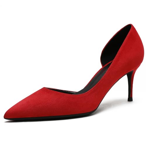 Qynthra D'Orsay Pumps Damen mit Spitzer Zehn aus Wildleder Mittelhoher Stiletto Absatz Schlupf für Hochzeit Party Abendkleid Formelle Anlässe Büro und Besondere Ereignisse,Rot,41 EU von Qynthra