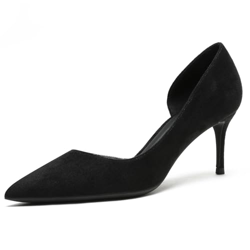 Qynthra D'Orsay Pumps Damen mit Spitzer Zehn aus Wildleder Mittelhoher Stiletto Absatz Schlupf für Hochzeit Party Abendkleid Formelle Anlässe Büro und Besondere Ereignisse,Schwarz,39 EU von Qynthra