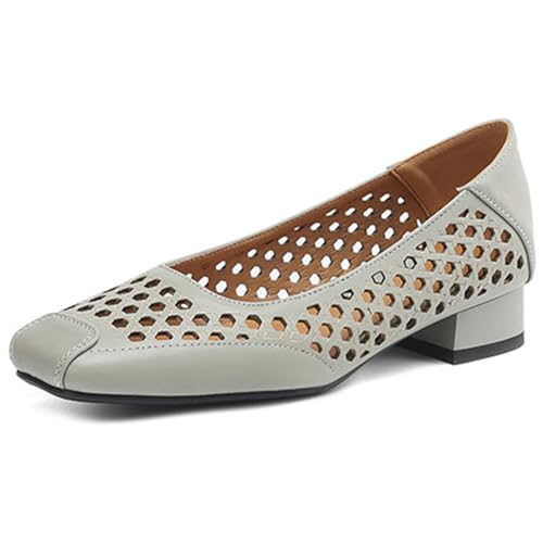 Qynthra Damen Ballerinas Mit Lochung Niedrigem Blockabsatz Quadratspitze Schwarz Grau Beige Perfekt Für Büro Wochenendausflüge Und Frühlingsoutfits,Grau,37 EU von Qynthra