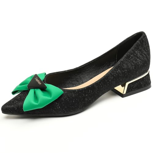 Qynthra Damen Ballerinas Mit Spitzer Spitze Satin Struktur Brauner Schleife Niedriger Blockabsatz Schlupfschuhe Für Hochzeit Büro Party,Schwarz,42 EU von Qynthra