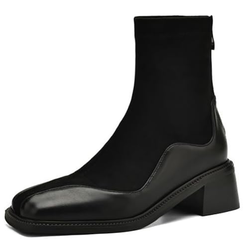 Qynthra Damen Chelsea Boots Mit Eckiger Spitze Leder Und Wildleder Blockabsatz Party Abend Alltag Büro,Schwarz,34 EU von Qynthra