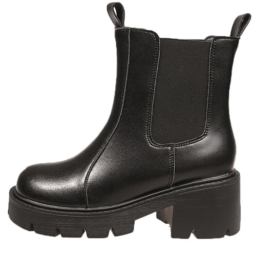 Qynthra Damen Chelsea Stiefel mit Plateau und Grober Profilsohle, Elastische Seiteneinsätze, Runde Spitze, Blockabsatz, Bequeme Kurzstiefel,Schwarz,40 EU von Qynthra