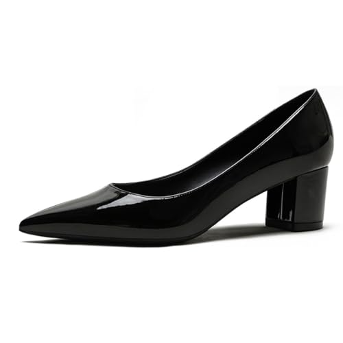 Qynthra Damen Court Schuhe Klobiger Blockabsatz Lackleder Spitz Zehen Brautschuhe Für Hochzeitszeremonie Und Empfang Memory Foam Einlegesohle,Black5cm,36 EU von Qynthra