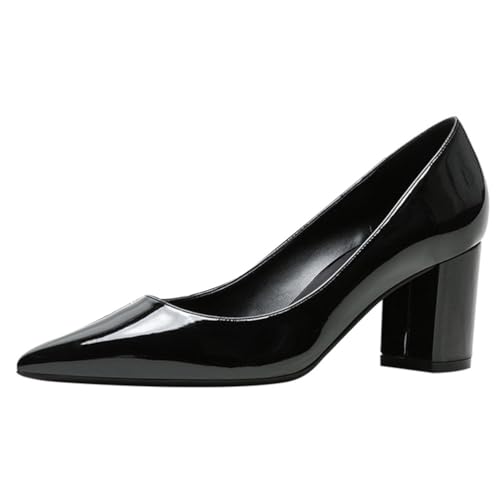 Qynthra Damen Court Schuhe Klobiger Blockabsatz Lackleder Spitz Zehen Brautschuhe Für Hochzeitszeremonie Und Empfang Memory Foam Einlegesohle,Black7cm,38 EU von Qynthra