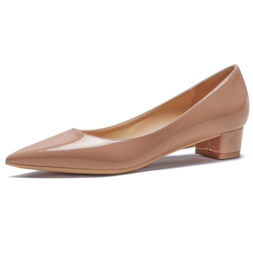 Qynthra Damen Court Schuhe Klobiger Blockabsatz Lackleder Spitz Zehen Brautschuhe Für Hochzeitszeremonie Und Empfang Memory Foam Einlegesohle,Nude3cm,42 EU von Qynthra