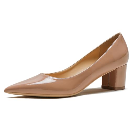 Qynthra Damen Court Schuhe Klobiger Blockabsatz Lackleder Spitz Zehen Brautschuhe Für Hochzeitszeremonie Und Empfang Memory Foam Einlegesohle,Nude5cm,35 EU von Qynthra