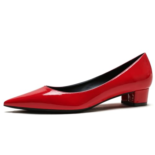 Qynthra Damen Court Schuhe Klobiger Blockabsatz Lackleder Spitz Zehen Brautschuhe Für Hochzeitszeremonie Und Empfang Memory Foam Einlegesohle,Red3cm,38 EU von Qynthra