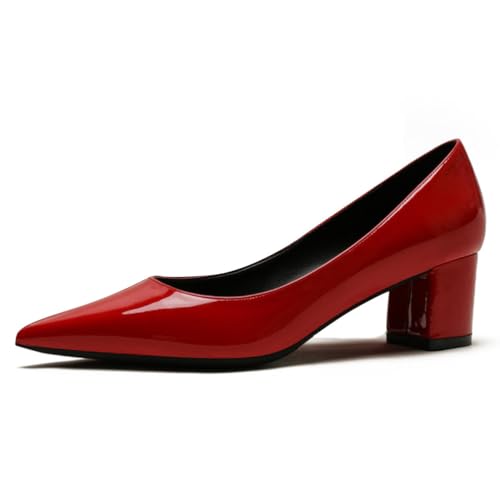 Qynthra Damen Court Schuhe Klobiger Blockabsatz Lackleder Spitz Zehen Brautschuhe Für Hochzeitszeremonie Und Empfang Memory Foam Einlegesohle,Red5cm,43 EU von Qynthra