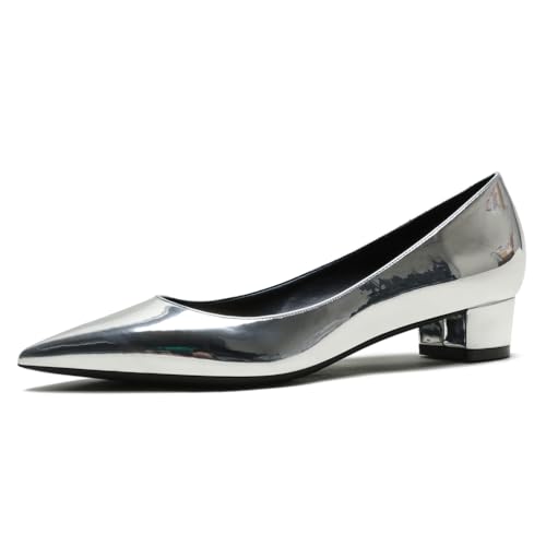 Qynthra Damen Court Schuhe Klobiger Blockabsatz Lackleder Spitz Zehen Brautschuhe Für Hochzeitszeremonie Und Empfang Memory Foam Einlegesohle,Silver3cm,41 EU von Qynthra