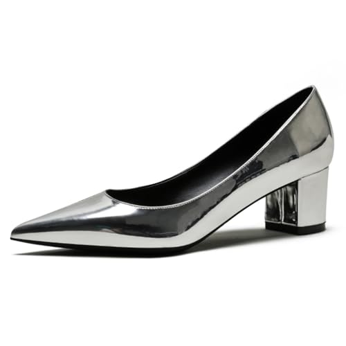 Qynthra Damen Court Schuhe Klobiger Blockabsatz Lackleder Spitz Zehen Brautschuhe Für Hochzeitszeremonie Und Empfang Memory Foam Einlegesohle,Silver5cm,41 EU von Qynthra
