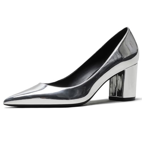 Qynthra Damen Court Schuhe Klobiger Blockabsatz Lackleder Spitz Zehen Brautschuhe Für Hochzeitszeremonie Und Empfang Memory Foam Einlegesohle,Silver7cm,41 EU von Qynthra