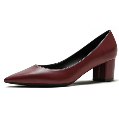 Qynthra Damen Court Schuhe Klobiger Blockabsatz Mit Memory Foam Spitz Zehen Brautschuhe Für Hochzeit Und Empfang Atmungsaktives Mattes Lederfutter,Burgundy5cm,39 EU von Qynthra