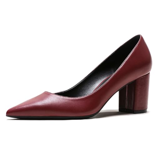 Qynthra Damen Court Schuhe Klobiger Blockabsatz Mit Memory Foam Spitz Zehen Brautschuhe Für Hochzeit Und Empfang Atmungsaktives Mattes Lederfutter,Burgundy7cm,34 EU von Qynthra