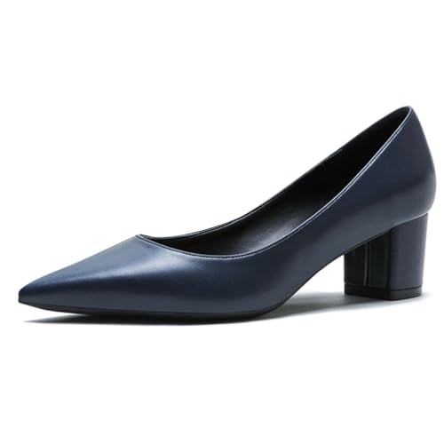 Qynthra Damen Court Schuhe Klobiger Blockabsatz Mit Memory Foam Spitz Zehen Brautschuhe Für Hochzeit Und Empfang Atmungsaktives Mattes Lederfutter,Deep blue5cm,35 EU von Qynthra