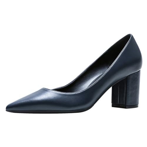 Qynthra Damen Court Schuhe Klobiger Blockabsatz Mit Memory Foam Spitz Zehen Brautschuhe Für Hochzeit Und Empfang Atmungsaktives Mattes Lederfutter,Deep blue7cm,42 EU von Qynthra