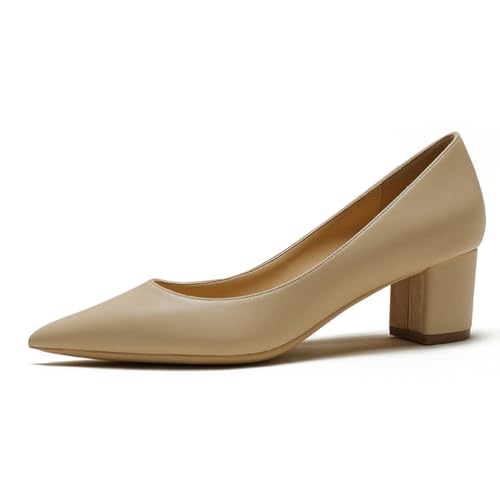 Qynthra Damen Court Schuhe Klobiger Blockabsatz Mit Memory Foam Spitz Zehen Brautschuhe Für Hochzeit Und Empfang Atmungsaktives Mattes Lederfutter,Nude5cm,43 EU von Qynthra