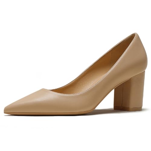 Qynthra Damen Court Schuhe Klobiger Blockabsatz Mit Memory Foam Spitz Zehen Brautschuhe Für Hochzeit Und Empfang Atmungsaktives Mattes Lederfutter,Nude7cm,41 EU von Qynthra