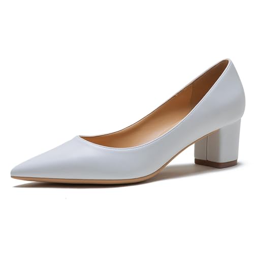 Qynthra Damen Court Schuhe Klobiger Blockabsatz Mit Memory Foam Spitz Zehen Brautschuhe Für Hochzeit Und Empfang Atmungsaktives Mattes Lederfutter,White5cm,34 EU von Qynthra