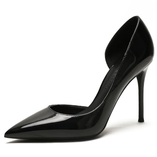 Qynthra Damen Court Schuhe Stiletto Absatz D'Orsay Spitz Zehen Brautschuhe Für Hochzeitszeremonie Und Empfang Lackleder Schlupf Langlebige Sohle,Black10cm,38 EU von Qynthra