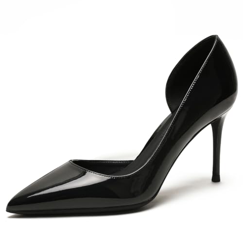Qynthra Damen Court Schuhe Stiletto Absatz D'Orsay Spitz Zehen Brautschuhe Für Hochzeitszeremonie Und Empfang Lackleder Schlupf Langlebige Sohle,Black8cm,34 EU von Qynthra