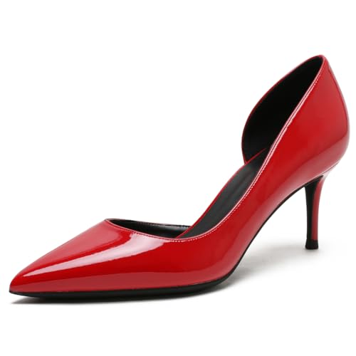 Qynthra Damen Court Schuhe Stiletto Absatz D'Orsay Spitz Zehen Brautschuhe Für Hochzeitszeremonie Und Empfang Lackleder Schlupf Langlebige Sohle,Red6cm,35 EU von Qynthra