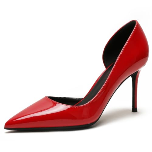 Qynthra Damen Court Schuhe Stiletto Absatz D'Orsay Spitz Zehen Brautschuhe Für Hochzeitszeremonie Und Empfang Lackleder Schlupf Langlebige Sohle,Red8cm,40 EU von Qynthra