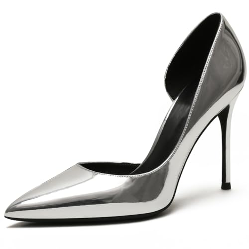 Qynthra Damen Court Schuhe Stiletto Absatz D'Orsay Spitz Zehen Brautschuhe Für Hochzeitszeremonie Und Empfang Lackleder Schlupf Langlebige Sohle,Silver10cm,41 EU von Qynthra