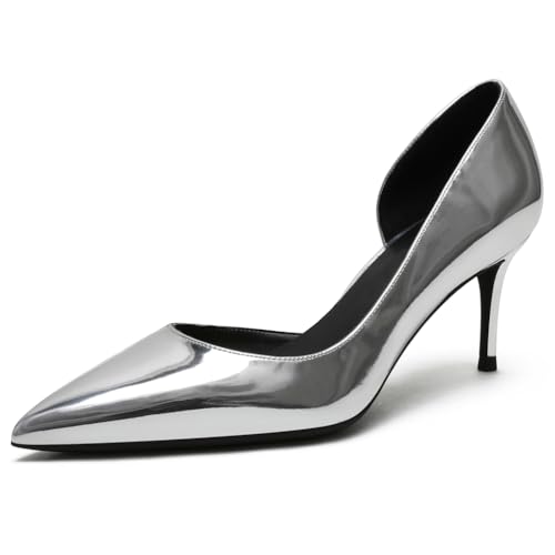 Qynthra Damen Court Schuhe Stiletto Absatz D'Orsay Spitz Zehen Brautschuhe Für Hochzeitszeremonie Und Empfang Lackleder Schlupf Langlebige Sohle,Silver6cm,39 EU von Qynthra