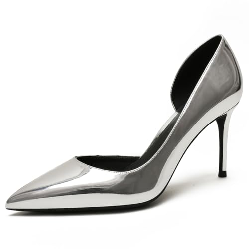 Qynthra Damen Court Schuhe Stiletto Absatz D'Orsay Spitz Zehen Brautschuhe Für Hochzeitszeremonie Und Empfang Lackleder Schlupf Langlebige Sohle,Silver8cm,37 EU von Qynthra
