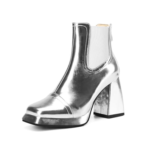 Qynthra Damen Court Stiefel Blockabsatz Plateau Stiefeletten Für Abend & Cocktail Metallische Mikrofaser Weite Passform,Silber,44 EU von Qynthra