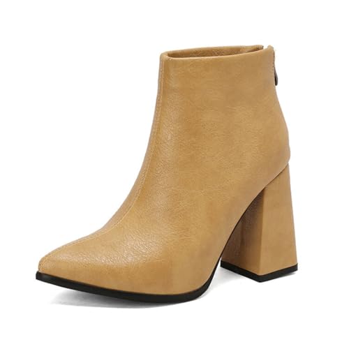 Qynthra Damen Court Stiefel Blockabsatz Spitz Ankle Boots Für Büro Und Abendoutfits Kunstleder Langlebige Sohle,Almond,39 EU von Qynthra