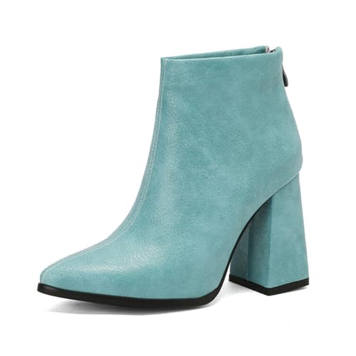 Qynthra Damen Court Stiefel Blockabsatz Spitz Ankle Boots Für Büro Und Abendoutfits Kunstleder Langlebige Sohle,Blau,48 EU von Qynthra
