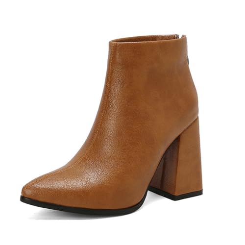Qynthra Damen Court Stiefel Blockabsatz Spitz Ankle Boots Für Büro Und Abendoutfits Kunstleder Langlebige Sohle,Braun,49 EU von Qynthra
