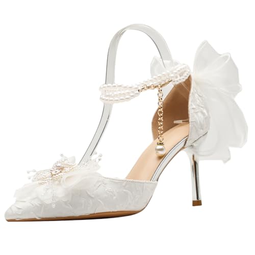 Qynthra Damen Elegant Braut Absätze Weiß Spitze Zehen Spitze Blumen Perle Träger Hochzeitschuhe Für Formelle Anlässe Und Empfang,Weiß,40 EU von Qynthra