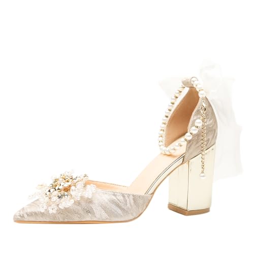 Qynthra Damen Elegant Braut Pumps Spitze Blume Design Perle Knöchelriemen Blockabsatz Hochzeitschuhe Für Zeremonie Und Empfang,Champagne Gold (6cm Heel),38 EU von Qynthra