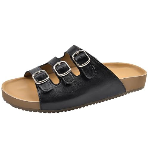 Qynthra Damen Flache Sandalen Mit DREI Verschlüssen Offene Zehen Verstellbare Schlupfer Aus Kunstleder Komfortables Fußbett Freizeit Hausschuhe,Schwarz,35 EU von Qynthra