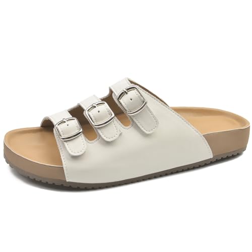 Qynthra Damen Flache Sandalen Mit DREI Verschlüssen Offene Zehen Verstellbare Schlupfer Aus Kunstleder Komfortables Fußbett Freizeit Hausschuhe,Weiß,35 EU von Qynthra