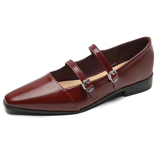 Qynthra Damen Flache Schuhe Schwarz Leder Spitz Doppelriemen Mary Jane Flachabsatz Für Büro Arbeit Alltag Spaziergänge Und Freizeitlook,Burgundy,41 EU von Qynthra