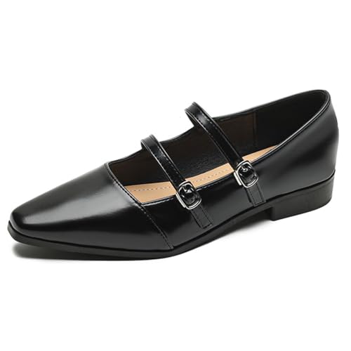 Qynthra Damen Flache Schuhe Schwarz Leder Spitz Doppelriemen Mary Jane Flachabsatz Für Büro Arbeit Alltag Spaziergänge Und Freizeitlook,Schwarz,41 EU von Qynthra