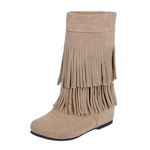 Qynthra Damen Fransenstiefel Flacher Absatz Wildlederstiefel Mittlere Wade Mit Quasten Für Festival Und Alltag Atmungsfutter Gummisohle,Beige,44 EU von Qynthra